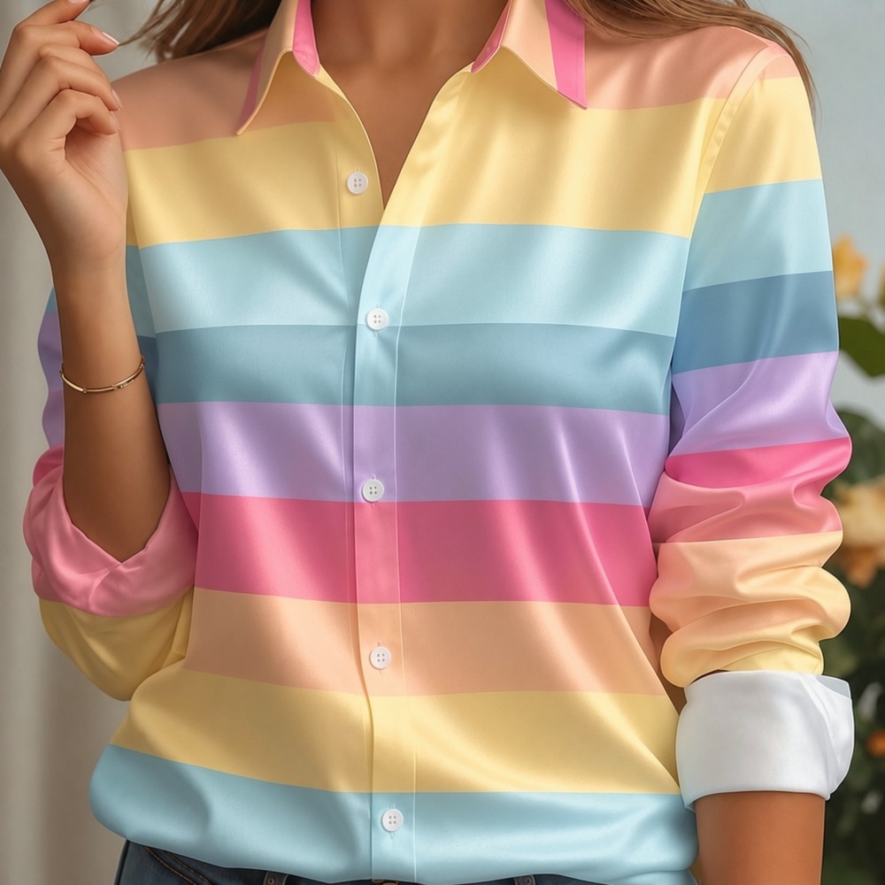Women'S Fashion Trends - Kadın Saten Yaka Gömlek Pastel Çizgili