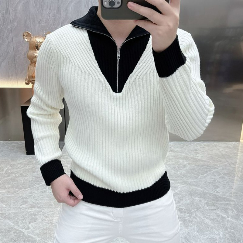 Ribbed Knit Sweater - Erkekler Kore Moda Siyah Beyaz Kontrast
