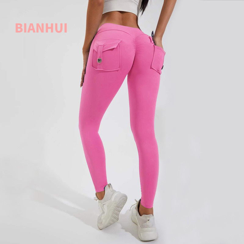 High Waist Leggings - BIANHUI Spor Tayt Kadın Cep Şeftali