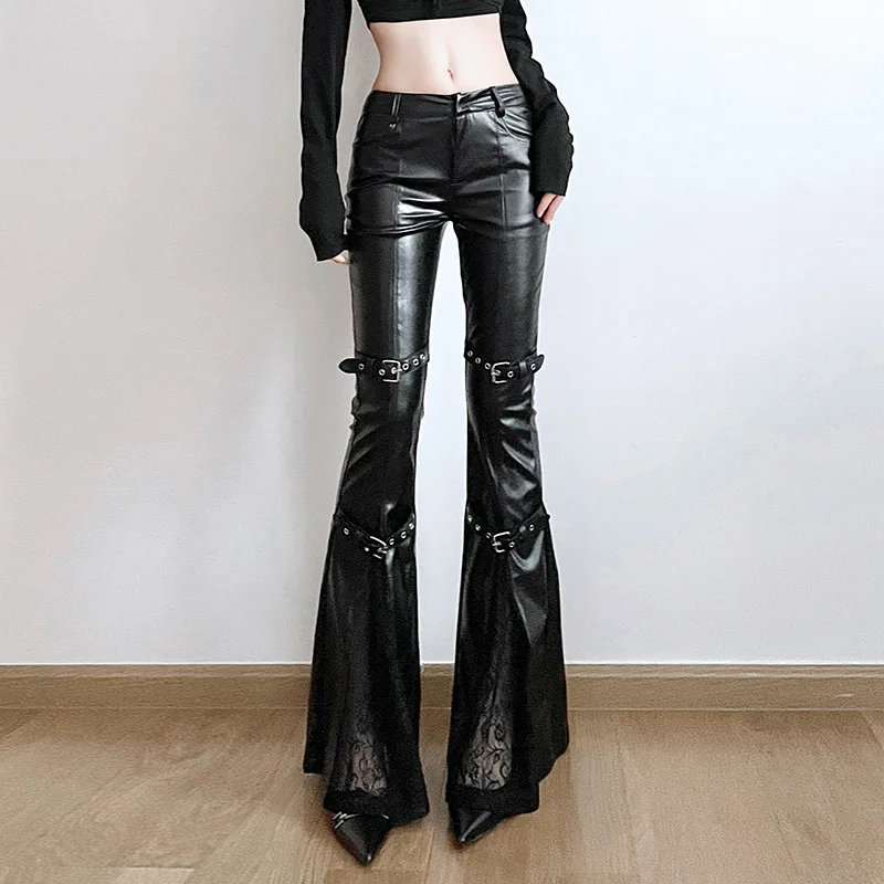 Women'S Fashion Trousers - Kadın PU Deri İspanyol Paça Pantolon,