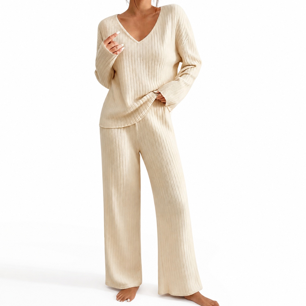 Ribbed Knit Sweater - Kadın Sonbahar V Yaka Bol Kesim